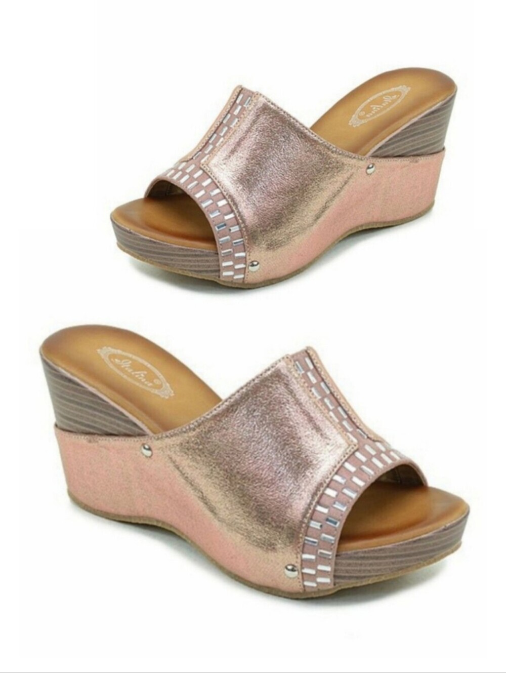 New Champagne Rhinestone Embellished Metallic Cusion Wedge Platform Sandals Sz 7